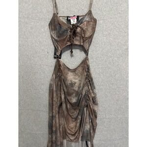 Darker Wavs Dress Womens Medium Brown Tie Dye Mesh Cutout Lace Up Maxi Bodycon